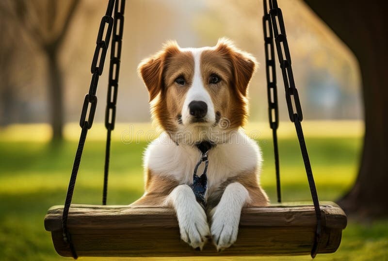 Portrait of a cute puppy on a swing in the park. vector illustration