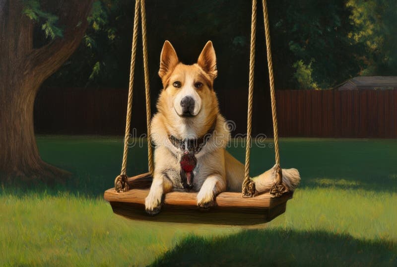 Portrait of a cute puppy on a swing in the park. stock illustration
