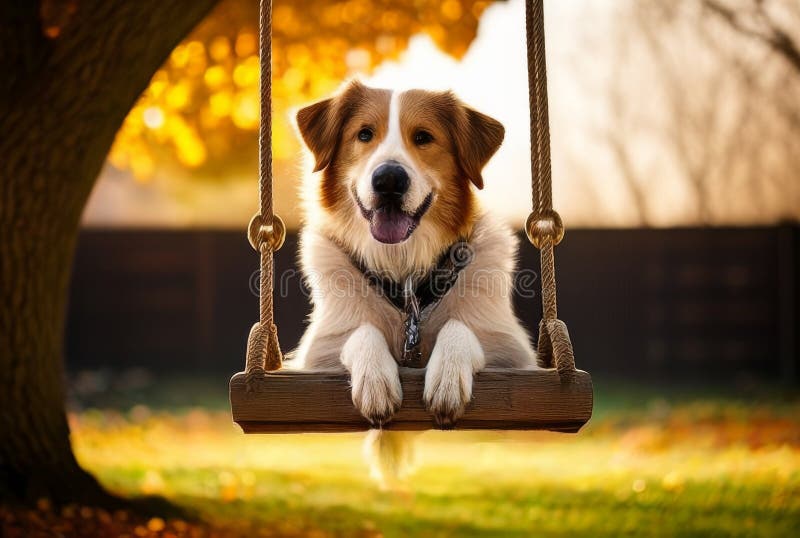 Portrait of a cute puppy on a swing in the park. vector illustration