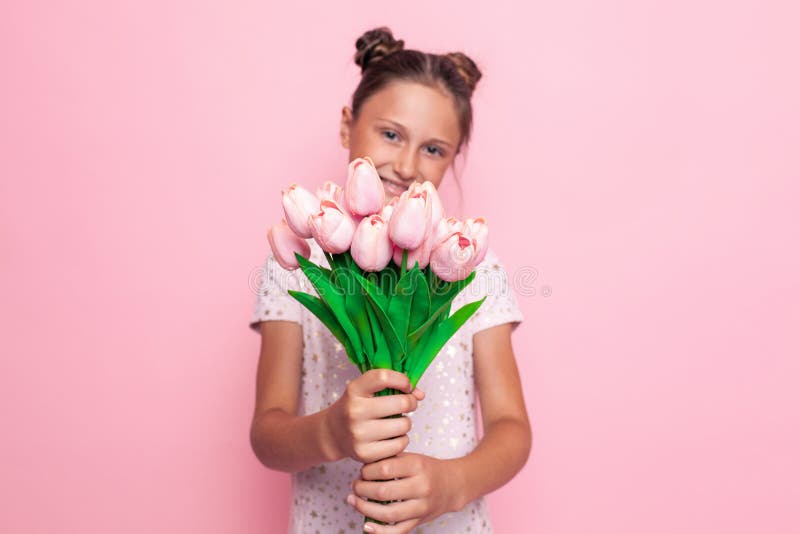 American teen girl with bouquet