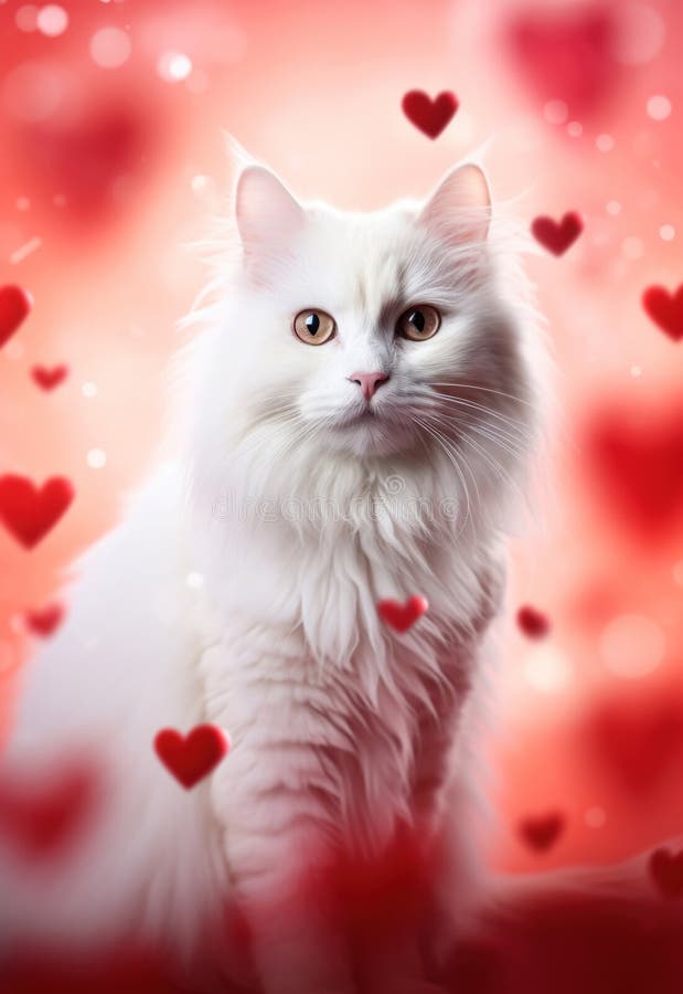 Portrait of a cute white cat surrounded by red hearts vector illustration