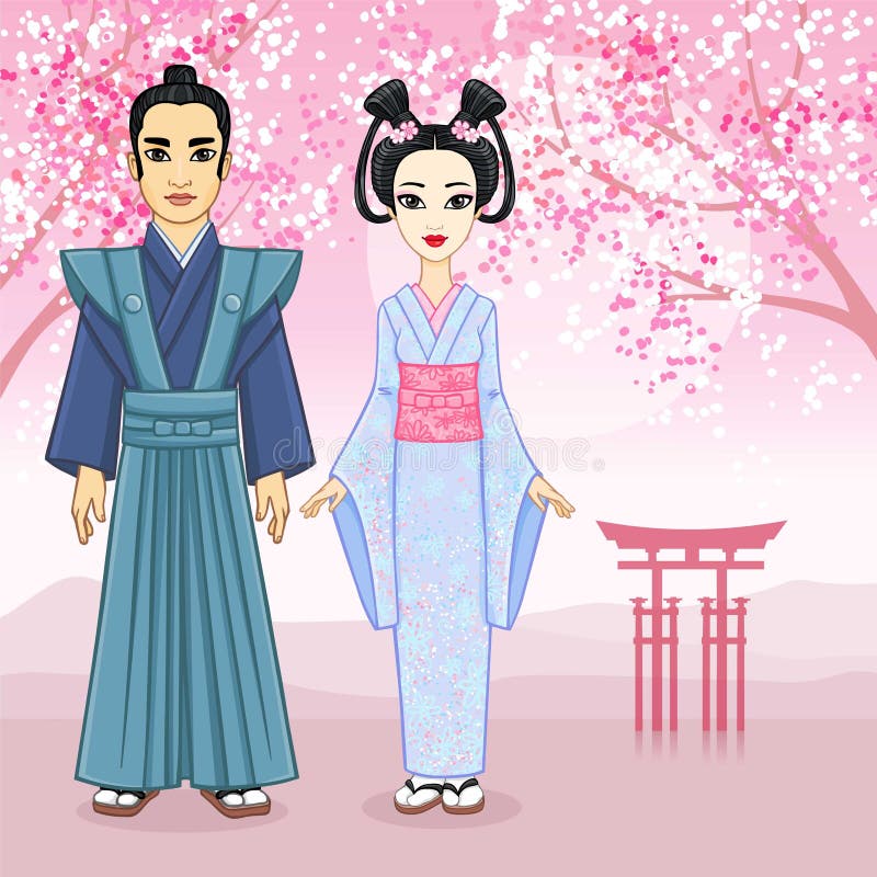Portrait d'animation de famille japonaise dans les clotes antiques Geisha, Maiko, samouraï pleine croissance illustration de vecteur Portrait d'animation de famille japonaise dans les clotes antiques Geisha, Maiko, samouraï pleine croissance illustration de vecteur