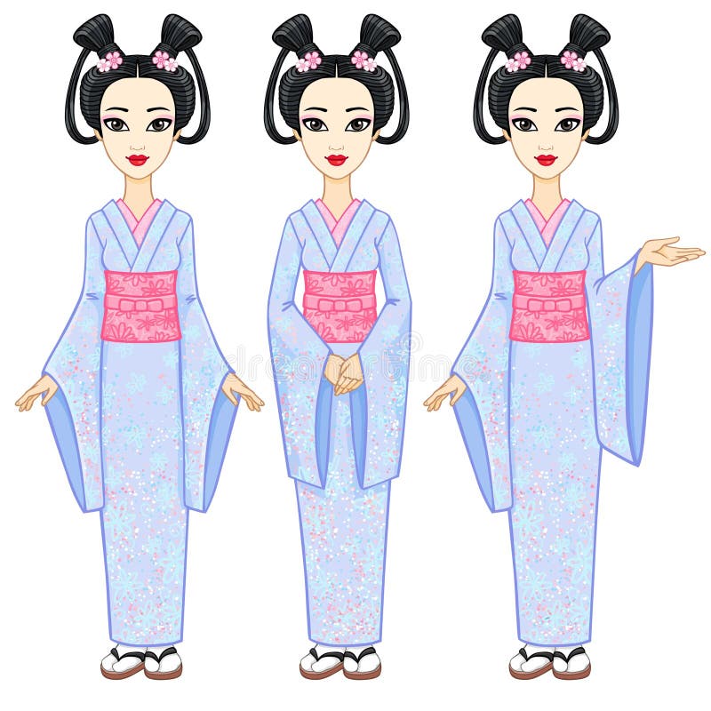 Portrait d'animation la belle fille japonaise dans trois poses différentes Geisha, maiko, princesse pleine croissance illustration de vecteur Portrait d'animation la belle fille japonaise dans trois poses différentes Geisha, maiko, princesse pleine croissance illustration de vecteur