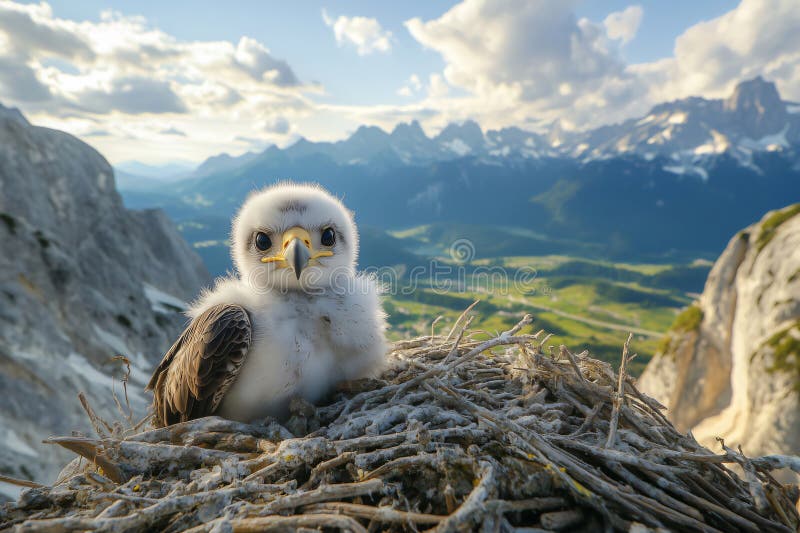 Portrait d'eaglet amusant reposant dans le nid au bord de la falaise de montagne illustration de vecteur
