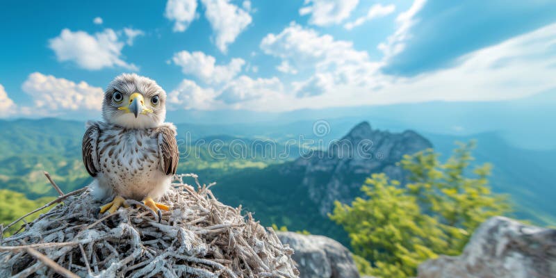 Portrait d'eaglet amusant reposant dans le nid au bord de la falaise de montagne. Poussin d'aigle se reposant dans son nid sur une falaise de montagne avec vue panoramique sur la vallée