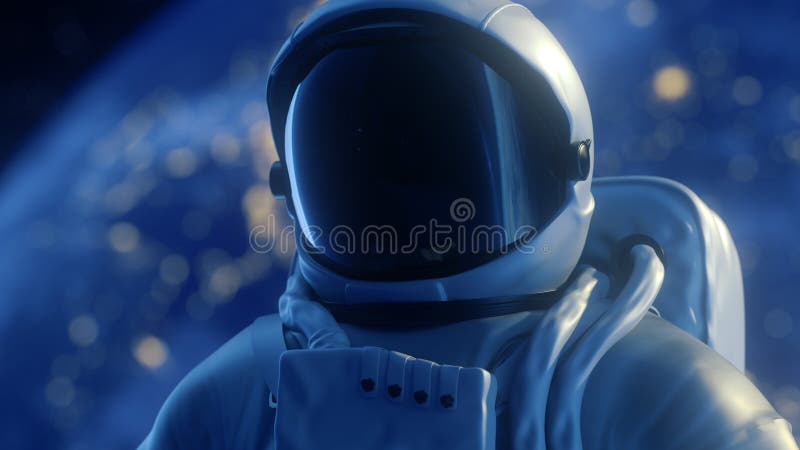 Portrait 3D rendering alone astronaut looks at the planet earth in orbit in outer space, the planet earth reflects in a spacesuit stock illustration Portrait 3D rendering alone astronaut looks at the planet earth in orbit in outer space, the planet earth reflects in a spacesuit stock illustration