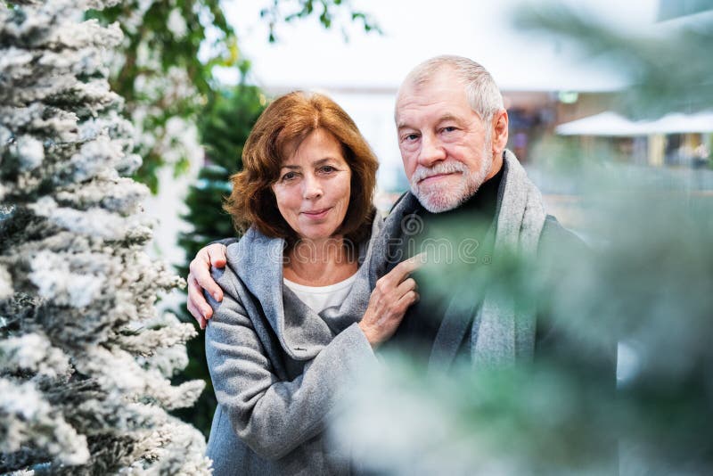 Portrait d'un couple supérieur heureux faisant Noël faisant des emplettes ensemble photographie stock Portrait d'un couple supérieur heureux faisant Noël faisant des emplettes ensemble photographie stock