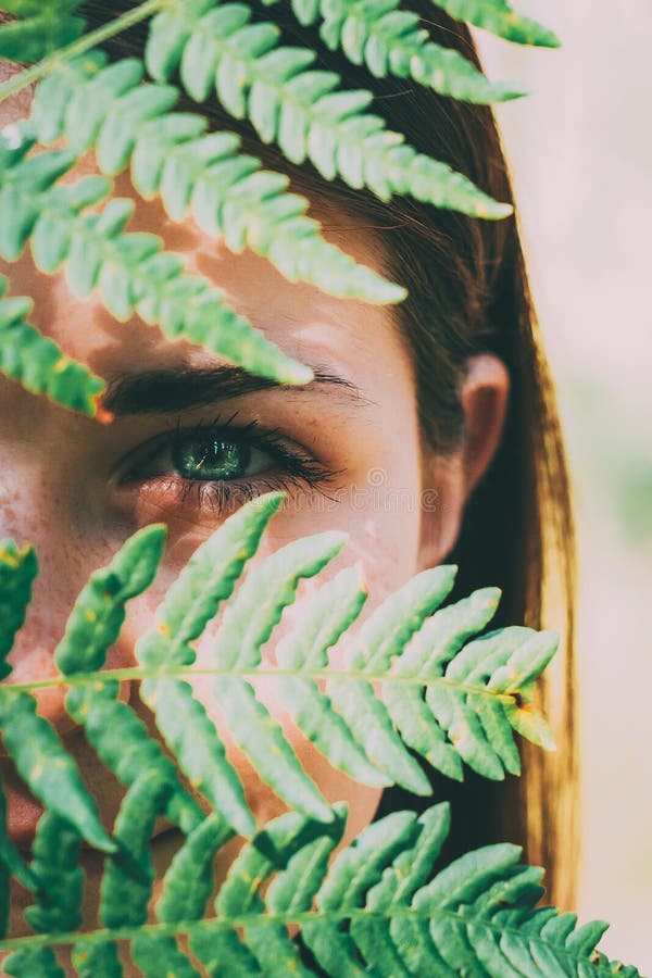 Portrait d'une femme rouge de fille de cheveux de jeune beauté heureuse tenant Fern Leaf Up To Face dans la forêt de parc d'été photos libres de droits Portrait d'une femme rouge de fille de cheveux de jeune beauté heureuse tenant Fern Leaf Up To Face dans la forêt de parc d'été photos libres de droits