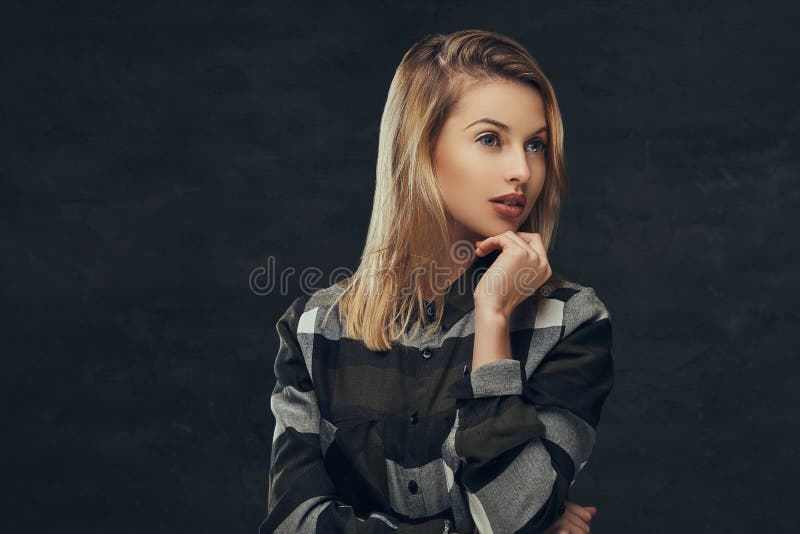 Portrait d'une fille blonde sexy dans une chemise d'ouatine, posant dans un studio image libre de droits Portrait d'une fille blonde sexy dans une chemise d'ouatine, posant dans un studio image libre de droits