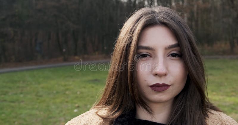 Portrait d'une jeune femme attrayante regardant la caméra coulissante du parc d'automne Femme joyeux à la pelouse verte banque de vidéos