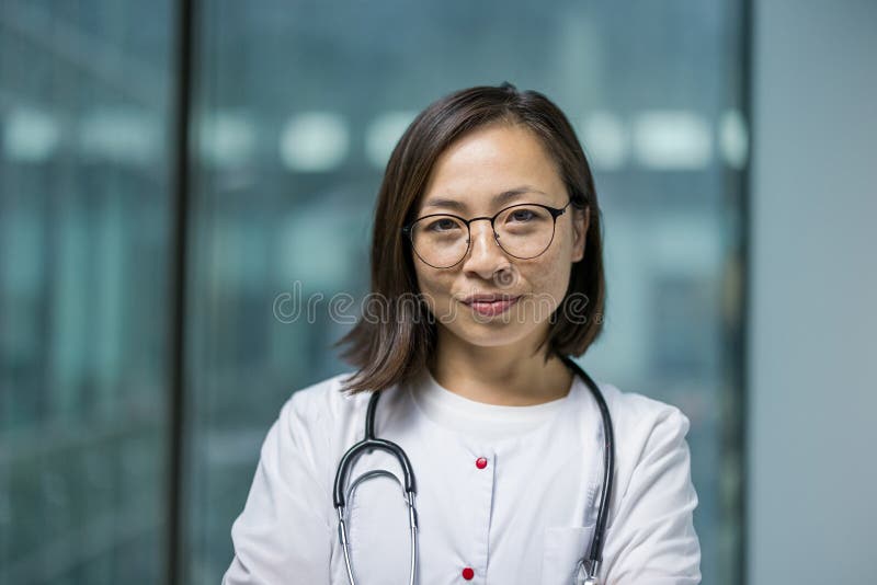 Portrait d'une jeune femme médecin asiatique le médecin sourit et regarde la caméra de près. L'infirmière dans un médecin blanc image stock