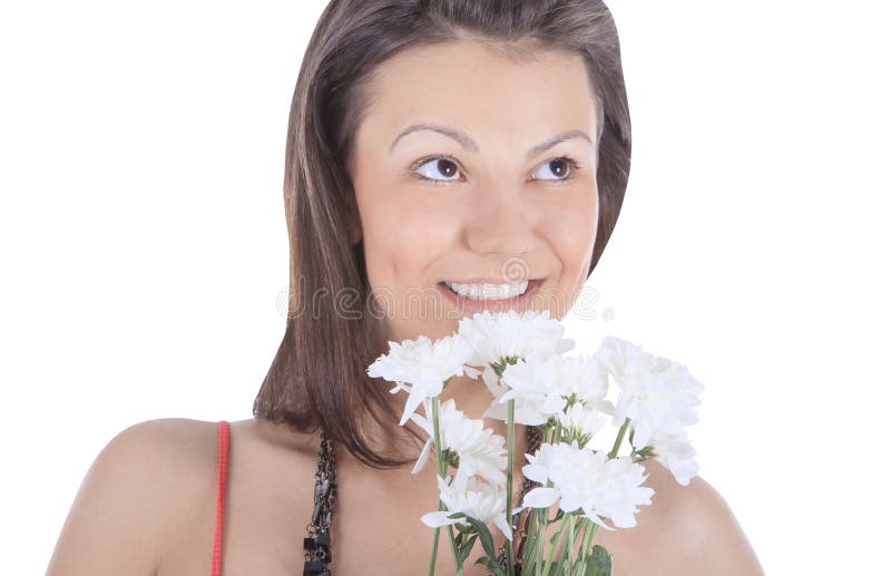 Portrait d'une jeune femme sexy avec une fleur blanche photographie stock Portrait d'une jeune femme sexy avec une fleur blanche photographie stock