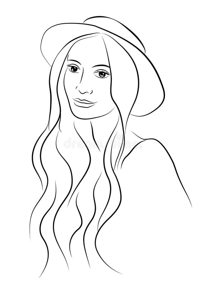 Portrait de belle jeune femme charismatique dans le chapeau Style tiré par la main de croquis Illustration au trait illustration libre de droits Portrait de belle jeune femme charismatique dans le chapeau Style tiré par la main de croquis Illustration au trait illustration libre de droits