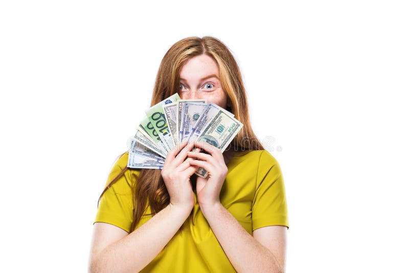 Portrait de jolie jeune femme avec l'argent d'isolement sur le dos de blanc image stock Portrait de jolie jeune femme avec l'argent d'isolement sur le dos de blanc image stock