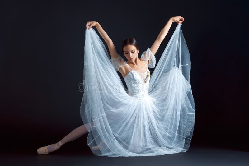 Portrait de la ballerine classique dans la robe blanche sur le fond noir photographie stock Portrait de la ballerine classique dans la robe blanche sur le fond noir photographie stock