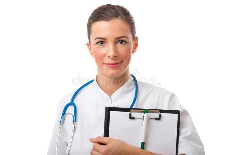 Portrait de plan rapproché de docteur féminin avec le presse-papiers photos stock Portrait de plan rapproché de docteur féminin avec le presse-papiers photos stock