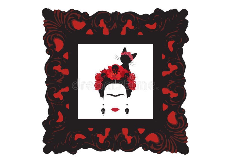 Portrait de vecteur de Frida Kahlo avec le chat noir, portrait de silhouette minimaliste de femme mexicaine avec des boucles d'or illustration libre de droits Portrait de vecteur de Frida Kahlo avec le chat noir, portrait de silhouette minimaliste de femme mexicaine avec des boucles d'or illustration libre de droits