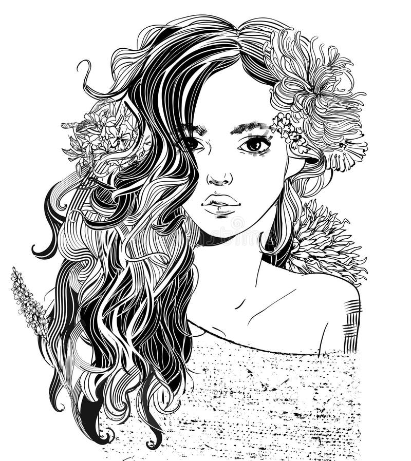 Portrait of young beautiful woman with flowers - black and white vector illustration. Portrait of young beautiful woman with flowers - black and white vector illustration