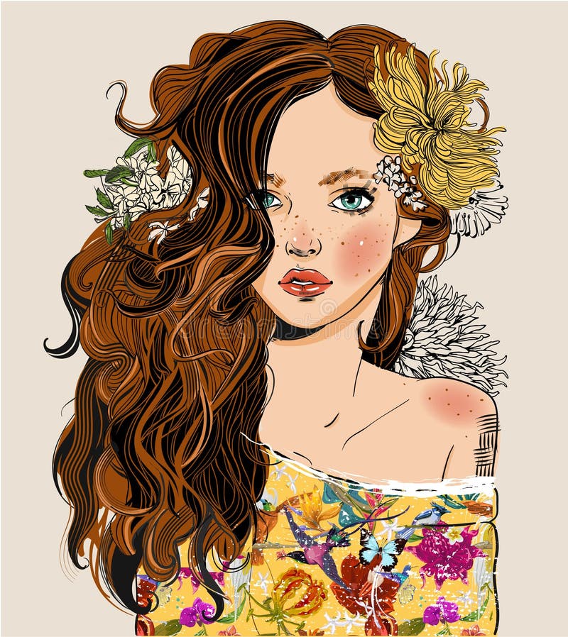 Portrait of young beautiful woman with flowers - black and white vector illustration. Portrait of young beautiful woman with flowers - black and white vector illustration