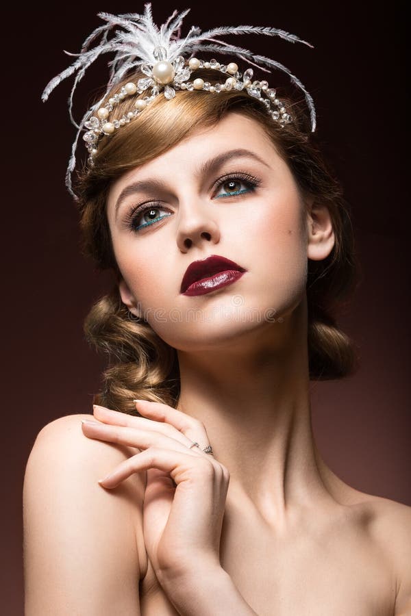 Portrait of elegant retro woman with beautiful hair and dark lips. Beauty face.