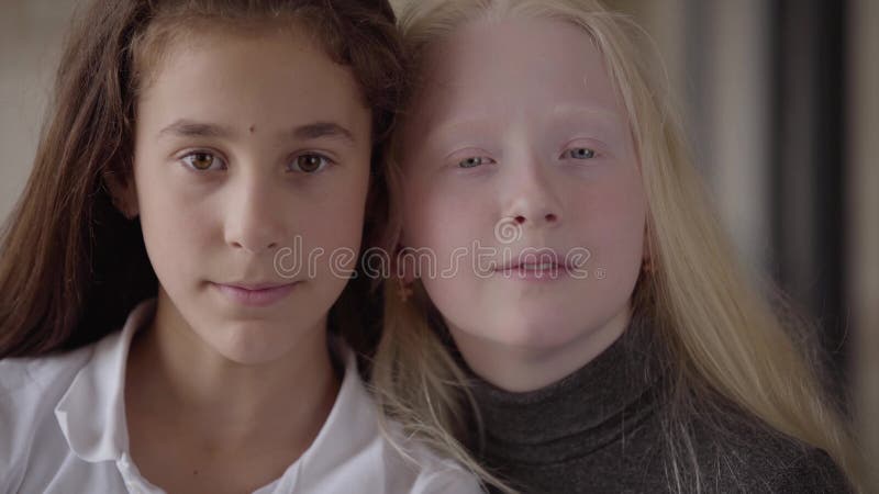 Portrait en gros plan de fille de brune avec les yeux bruns et de fille blonde avec les yeux gris regardant la caméra Concept de