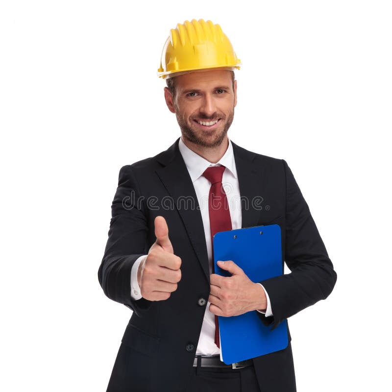 Portrait of engineer boss with blue folder making ok sign royalty free stock photo Portrait of engineer boss with blue folder making ok sign royalty free stock photo