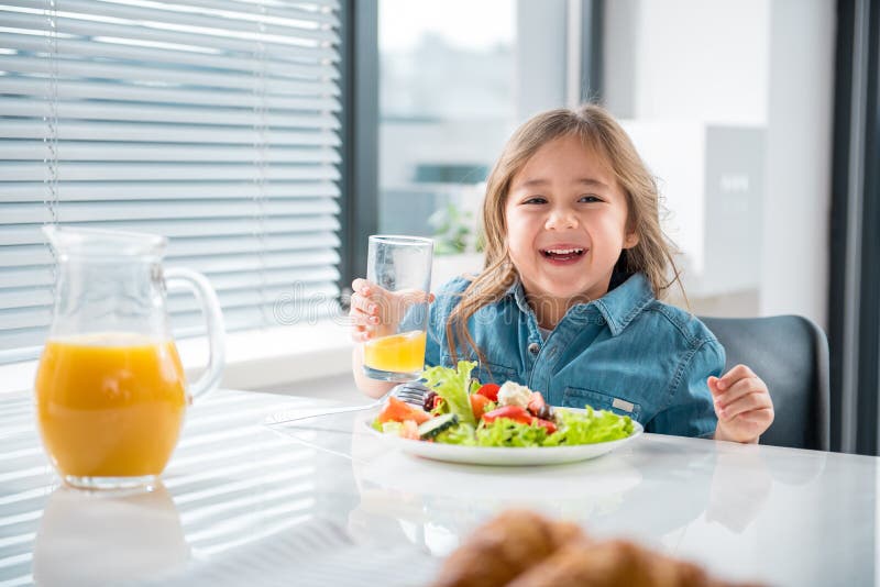 Cute Female Kid Having Healthy Breakfast at Home Stock Image - Image of ...