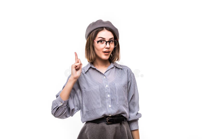 Portrait of an excited woman wearing beret pointing finger up isolated over white background stock photos Portrait of an excited woman wearing beret pointing finger up isolated over white background stock photos