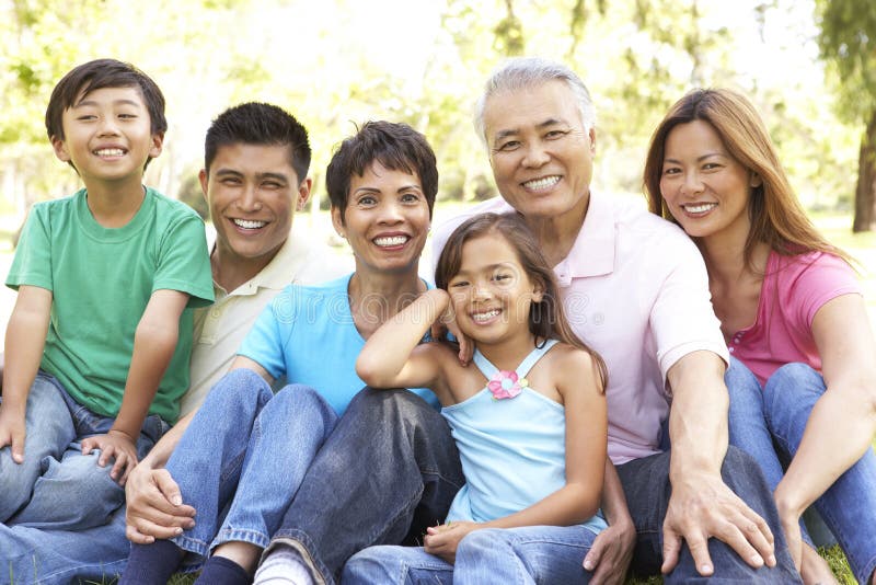 Portrait Of Extended Asian Family Group In Park Smiling. Portrait Of Extended Asian Family Group In Park Smiling