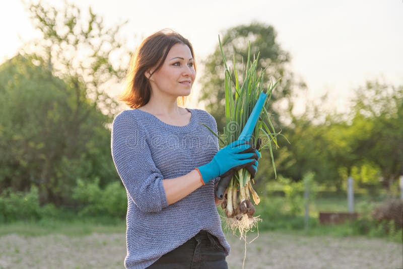 Portrait extérieur de ressort de femme mûre aux oignons verts frais photo stock Portrait extérieur de ressort de femme mûre aux oignons verts frais photo stock