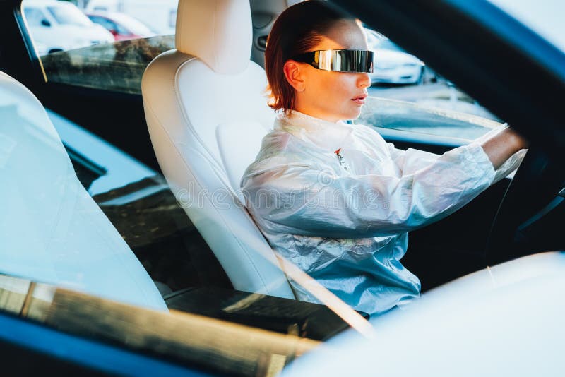 Fashion cyberpunk girl drive a supercar asian woman with future