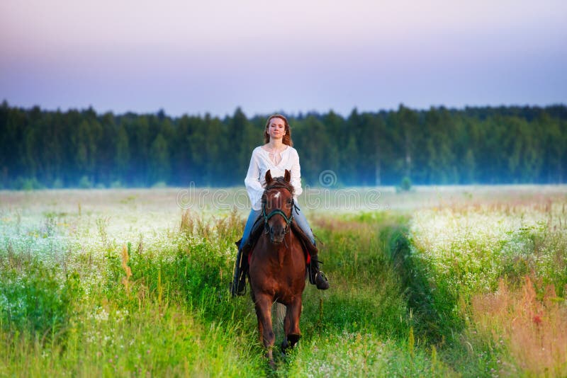 Portrait of female horse rider in foggy field
