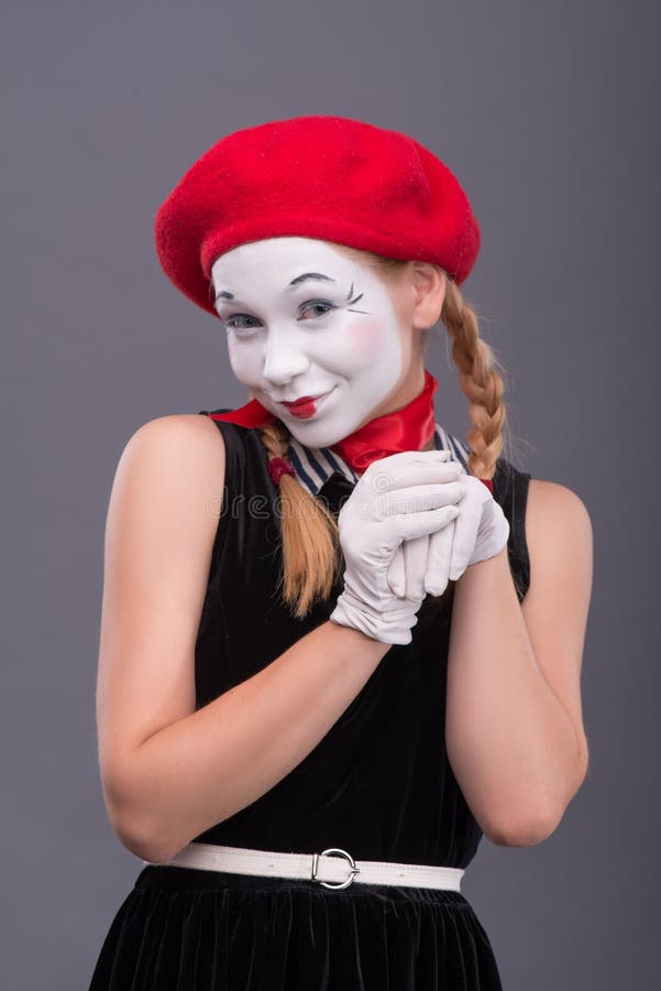 Portrait of Female Mime with Red Hat and White Stock Image - Image of ...