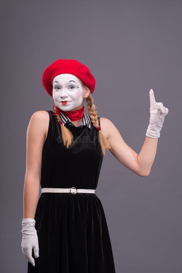 Portrait of Female Mime with Red Hat and White Stock Image - Image of ...