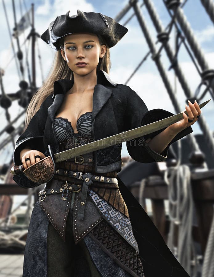 Portrait of a female pirate mercenary standing on the deck of her ship armed and ready for battle.