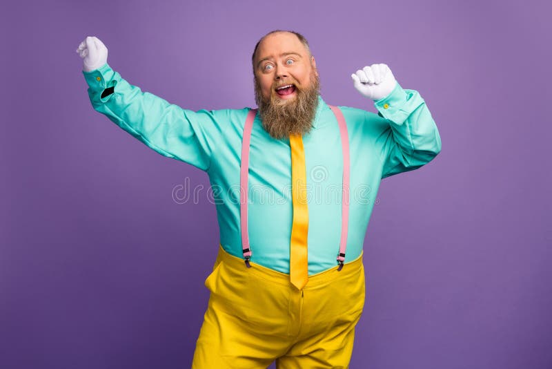 Portrait of Funky Crazy Excited Fat Overweight Man Enjoy Party Discotheque  Dancing Raise Fists White Gloves Wear Bright Stock Image - Image of funny,  color: 174288397