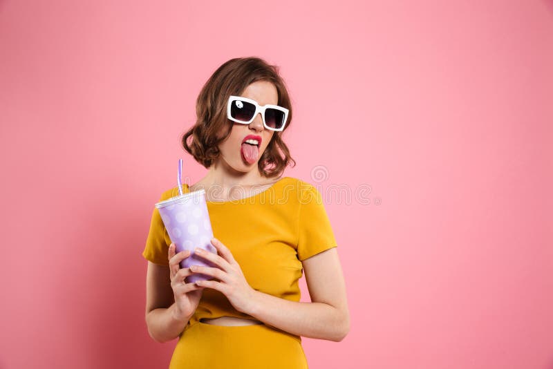 Portrait Of A Funnny Girl In Sunglasses Holding Cup Stock Image - Image