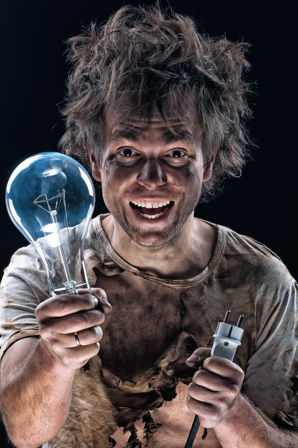 Portrait of Funny Electrician with Lightbulb Stock Photo - Image of