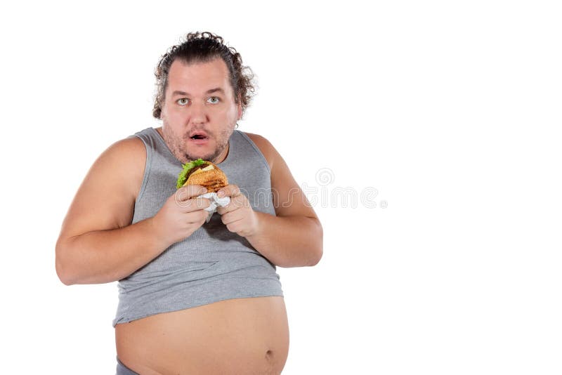 Portrait of Funny Fat Man Eating Fast Food Burger Isolated on White ...