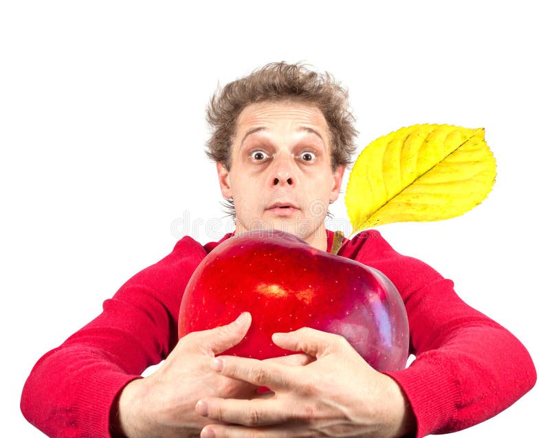 Portrait of funny man with apple royalty free stock photo Portrait of funny man with apple royalty free stock photo