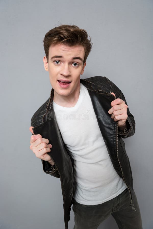 Portrait Of A Funny Man In Leather Jacket Stock Image Image of studio, isolated 62740087