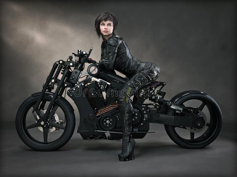 Portrait of a futuristic sci fi female and her custom black motorcycle with a studio backdrop. stock illustration