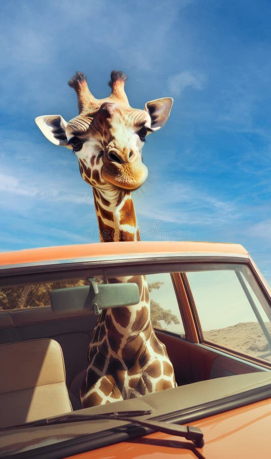 Portrait of a giraffe comfortably sitting inside a car royalty free illustration