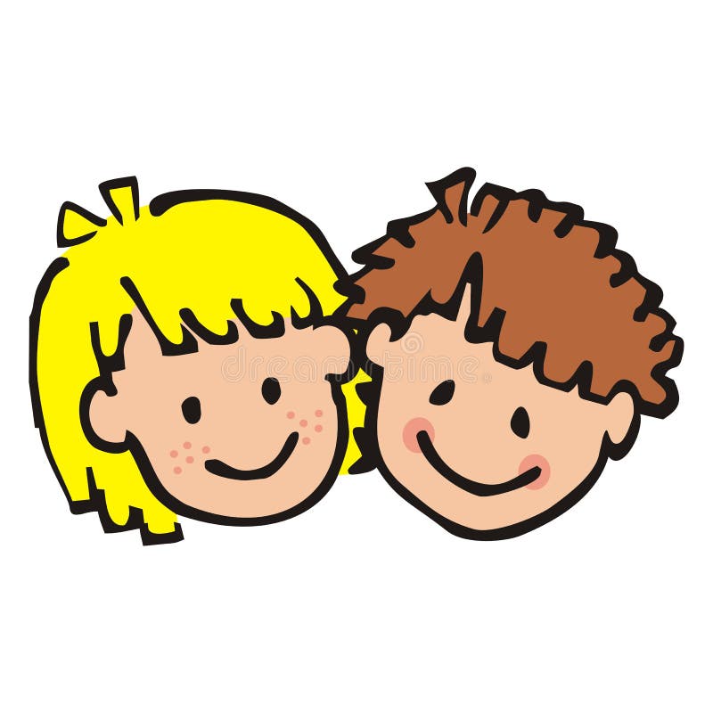 Portrait of girl and boy, colored doodle. Smile face of children. Contour drawing.