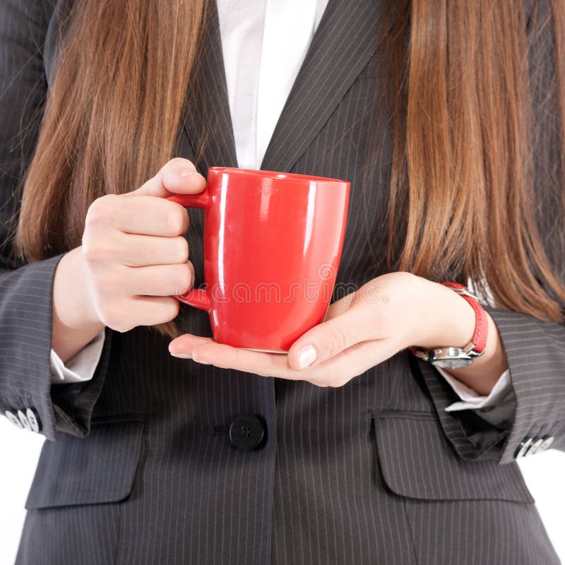 Portrait of girl in business suit with cup