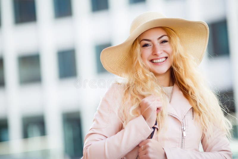 Portrait of girl in hat stock photos