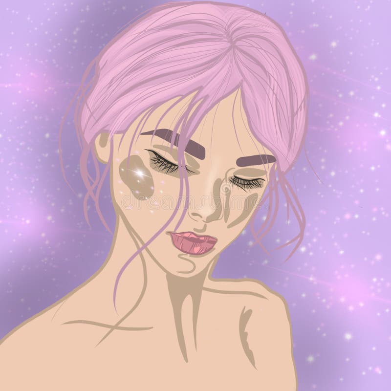 Portrait Girl with Pink Hair in Space Art Stock Illustration ...