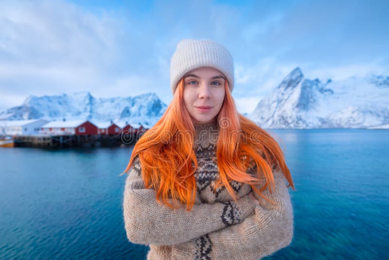 Portrait of a Girl with Red Hair in a Sweater. Traveling through ...