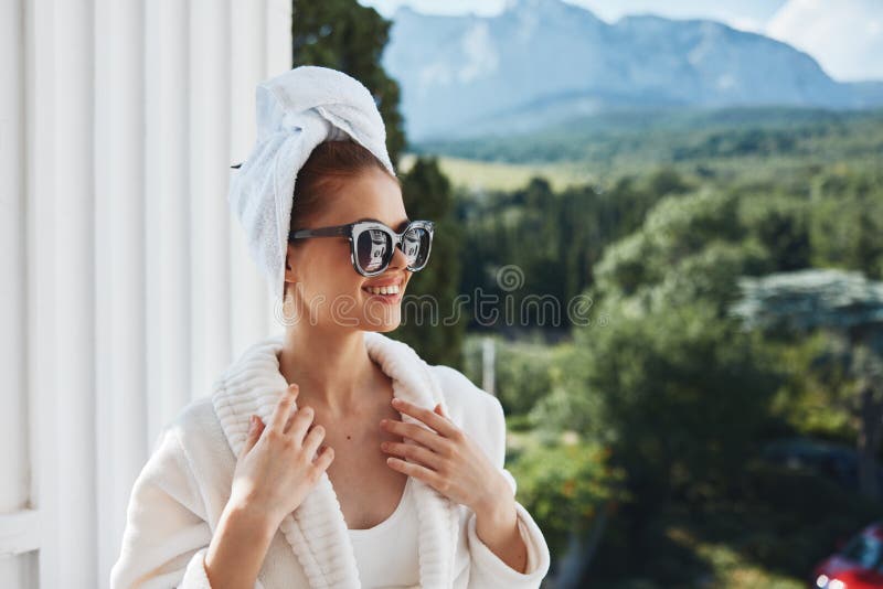 Portrait of Gorgeous Woman in Sunglasses at the Hotel on the Balcony ...