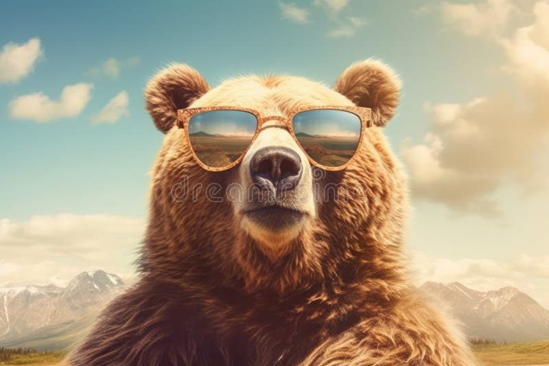 Portrait of a Grizzly Bear Wearing Sunglasses Stock Illustration